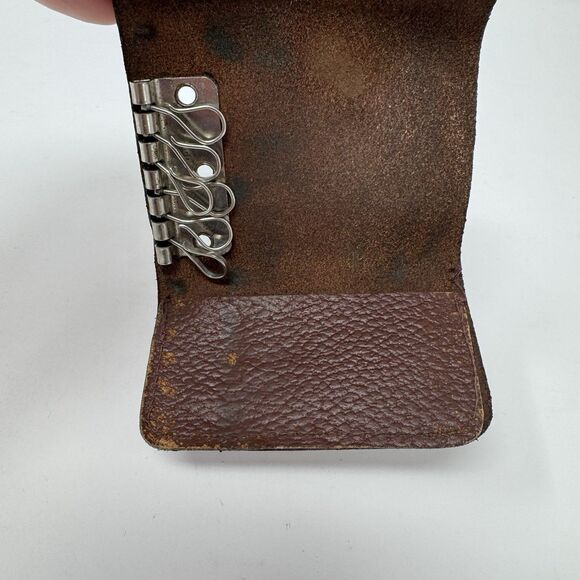 Vintage Brown Cowhide Leather Tri-Fold 6 Key Holder Wallet Spring Steel Hooks - Picture 3 of 13